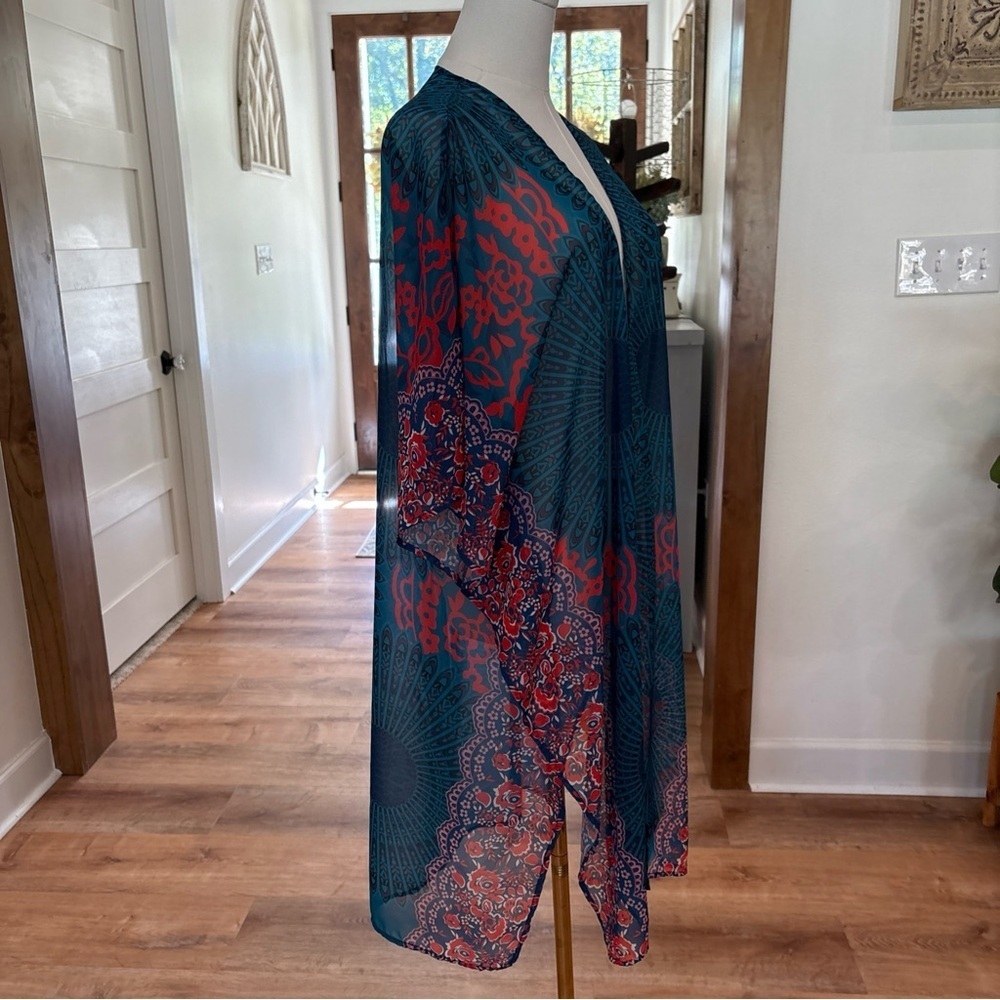 Women's Large Sheer Long Kimono Teal Blue Orange Boho Overlay Casual Flowy Top - Picture 2 of 7